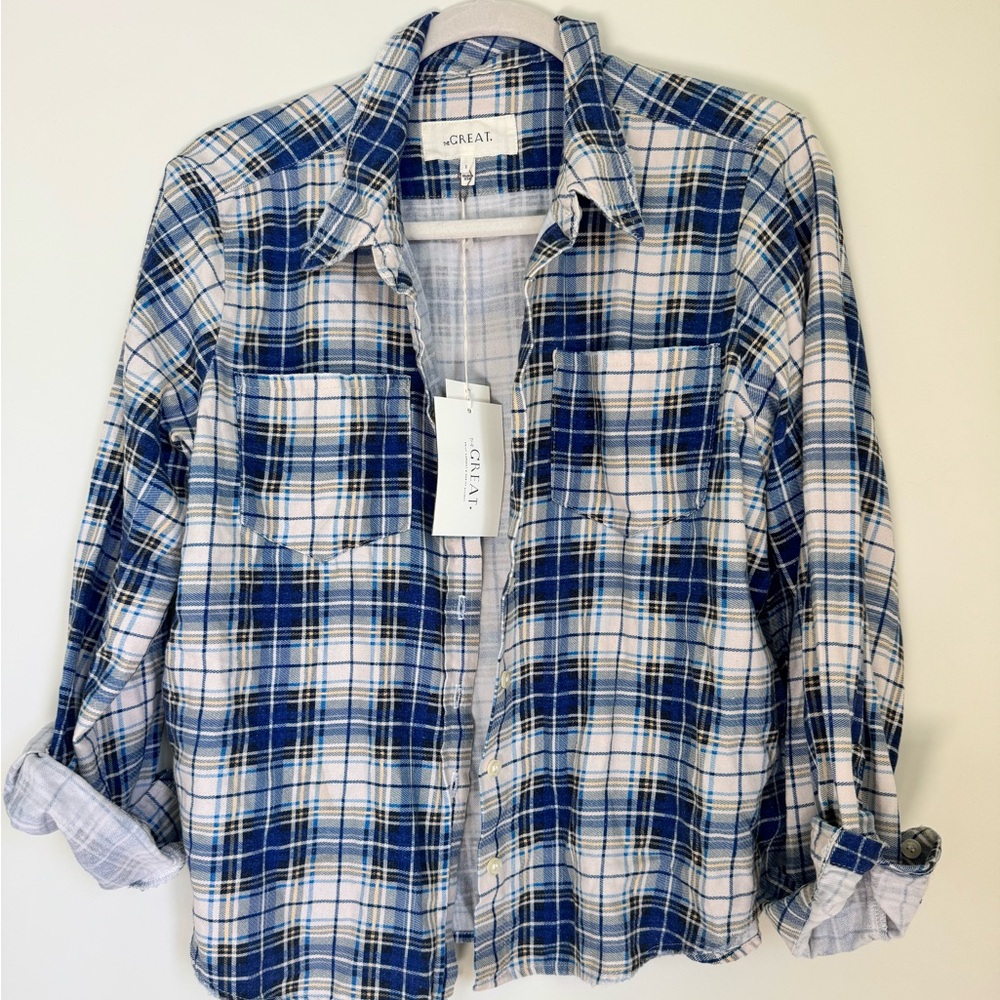 THE GREAT. Navy and Cream Plaid Shirt